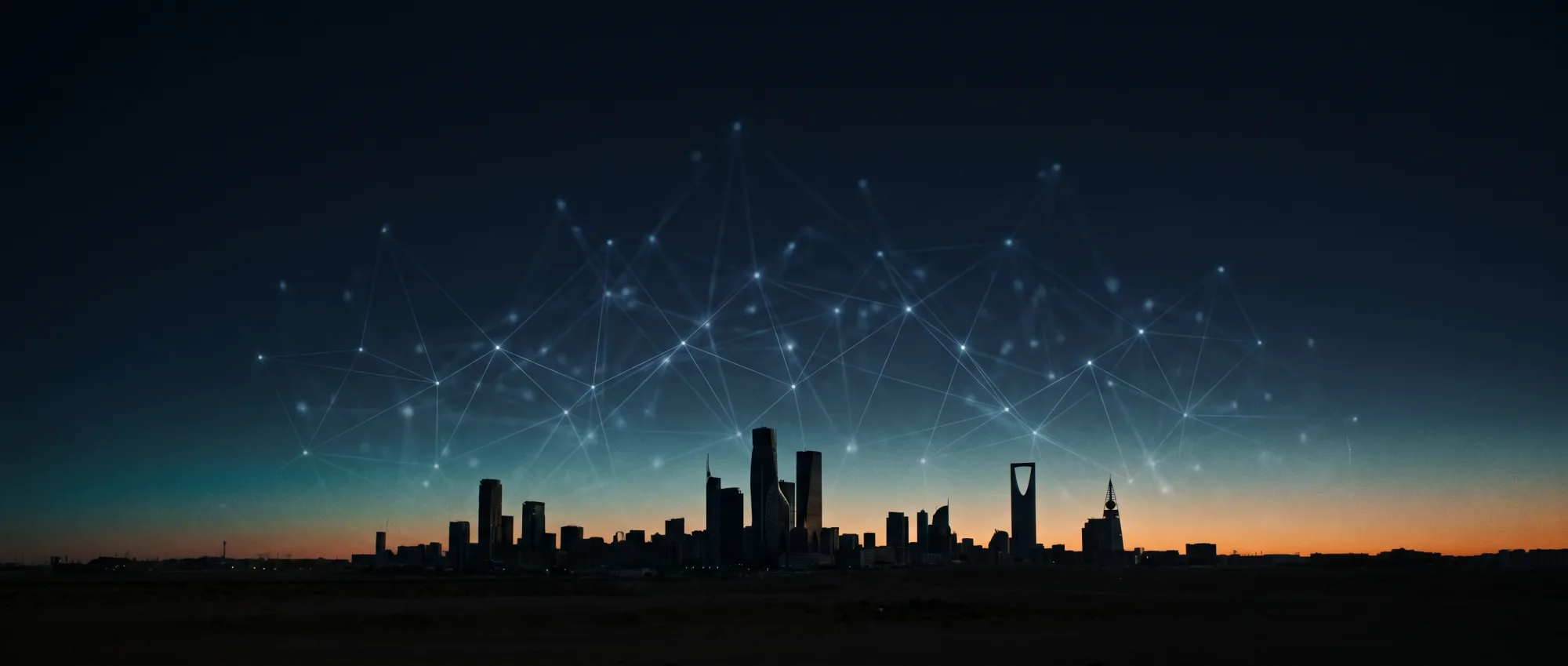 Riyadh skyline at dawn under a constellation of connected GPU nodes — DCP's in-Kingdom compute mesh